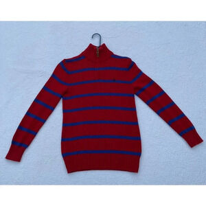 Ralph Lauren Boys Long Sleeve 1/4 Zip Mock Neck Sweater Red Stripes Sz L (14-16)